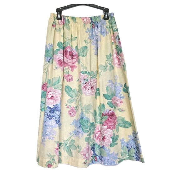Vtg Pastel Floral Midi Skirt Womens 9/10 Yellow Cottagecore Retro Artsy Elastic - Picture 1 of 8